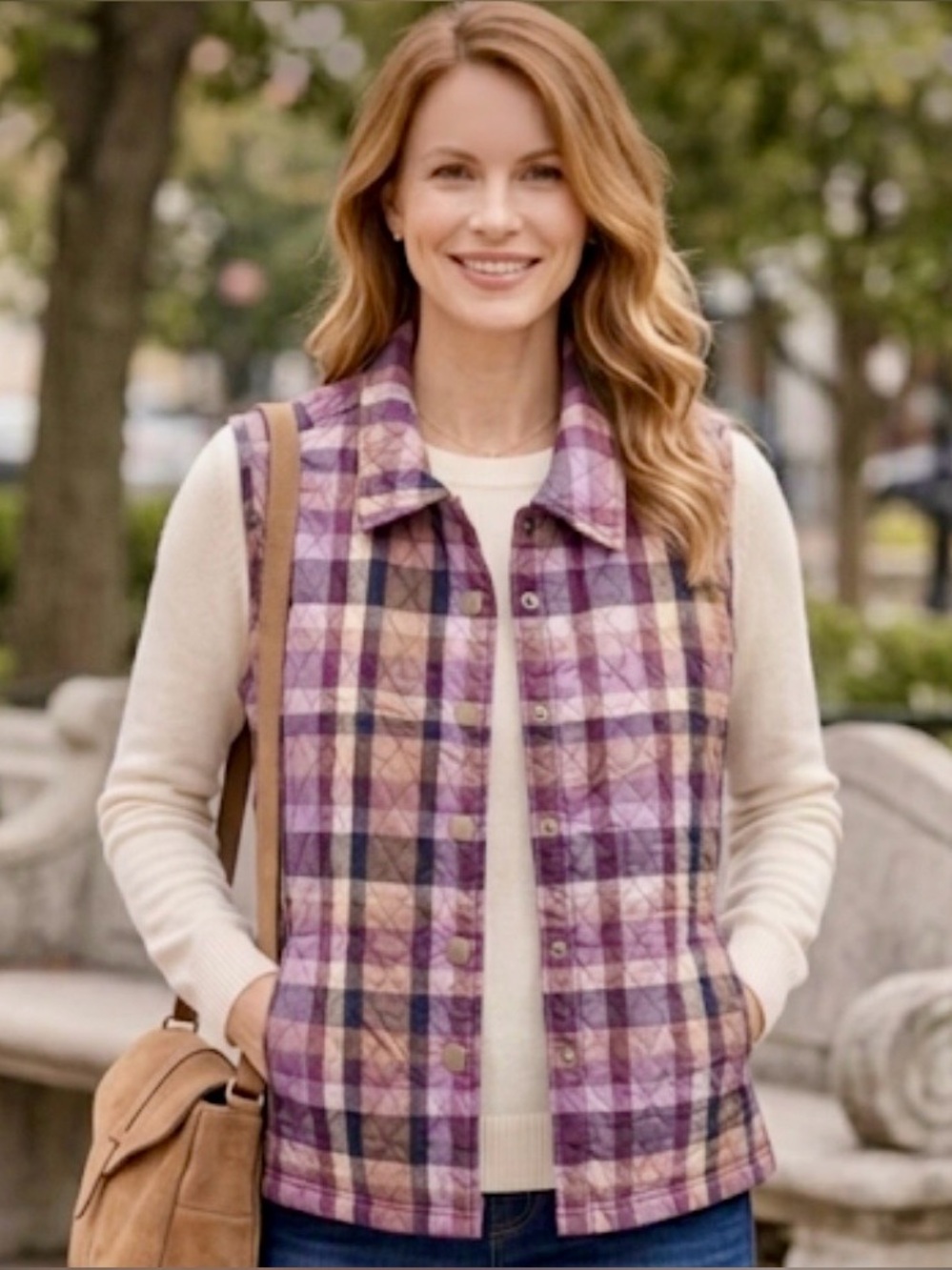 Christopher & Banks Purple Plaid Quilted Snap-Front Vest, Small. - Picture 1 of 10